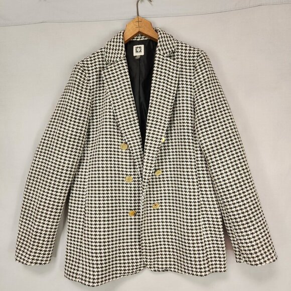 Ann Klein Houndstooth Blazer Women's M Black White Business Statement Open Front - Picture 9 of 9